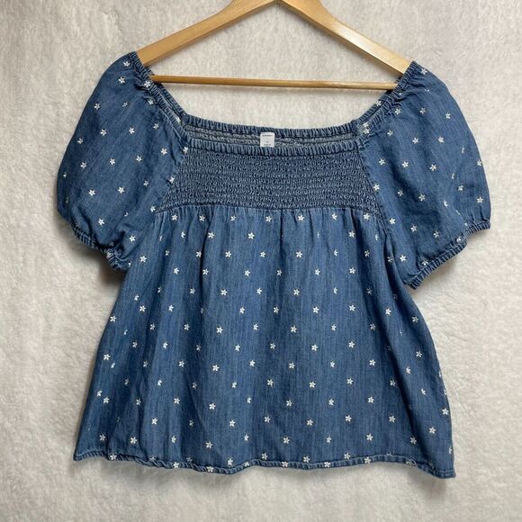 Old Navy Small Smocked Chambray Top Blue Floral Puff Sleeve Boho Cottagecore - Picture 1 of 10